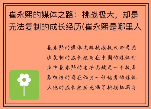崔永熙的媒体之路：挑战极大，却是无法复制的成长经历(崔永熙是哪里人)