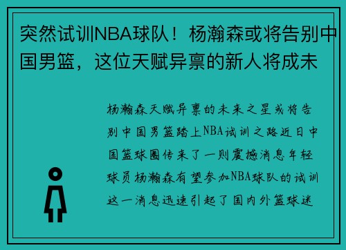 突然试训NBA球队！杨瀚森或将告别中国男篮，这位天赋异禀的新人将成未来之星
