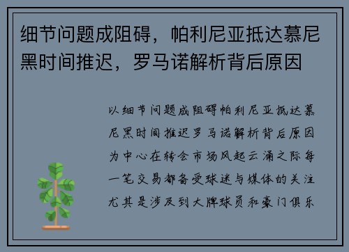 细节问题成阻碍，帕利尼亚抵达慕尼黑时间推迟，罗马诺解析背后原因