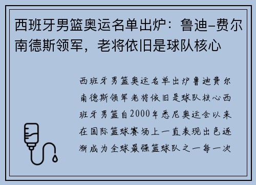 西班牙男篮奥运名单出炉：鲁迪-费尔南德斯领军，老将依旧是球队核心