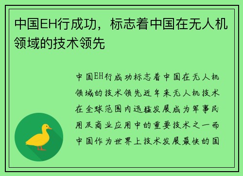 中国EH行成功，标志着中国在无人机领域的技术领先
