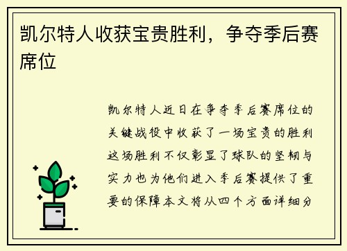 凯尔特人收获宝贵胜利，争夺季后赛席位