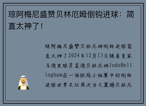琼阿梅尼盛赞贝林厄姆倒钩进球：简直太神了！