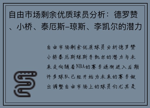 自由市场剩余优质球员分析：德罗赞、小桥、泰厄斯-琼斯、李凯尔的潜力与未来走向