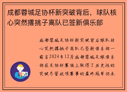 成都蓉城足协杯新突破背后，球队核心突然撂挑子离队已签新俱乐部